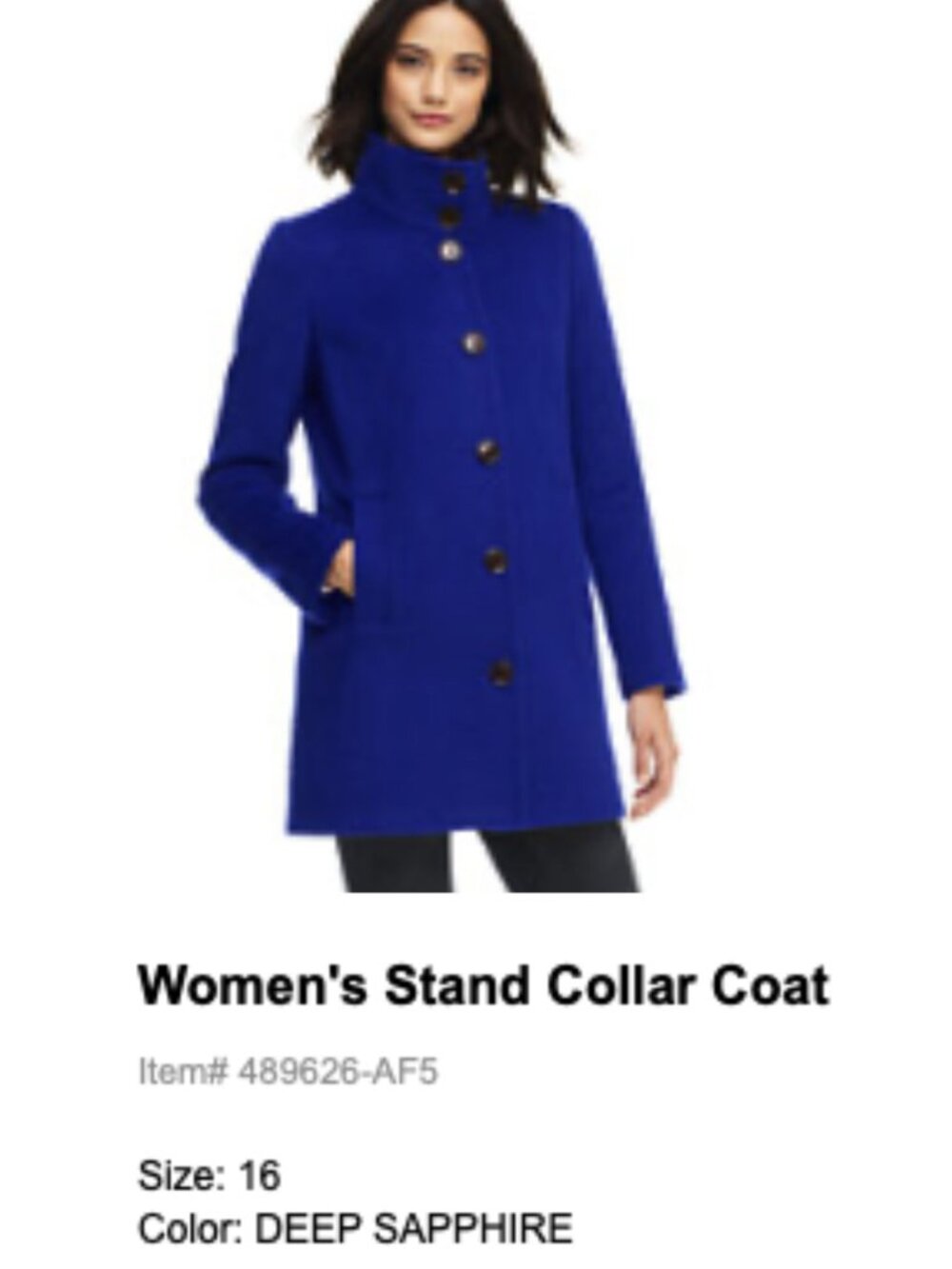 Land's End Stand Collar Coat - Sapphire Blue - NEW, NEVER WORN